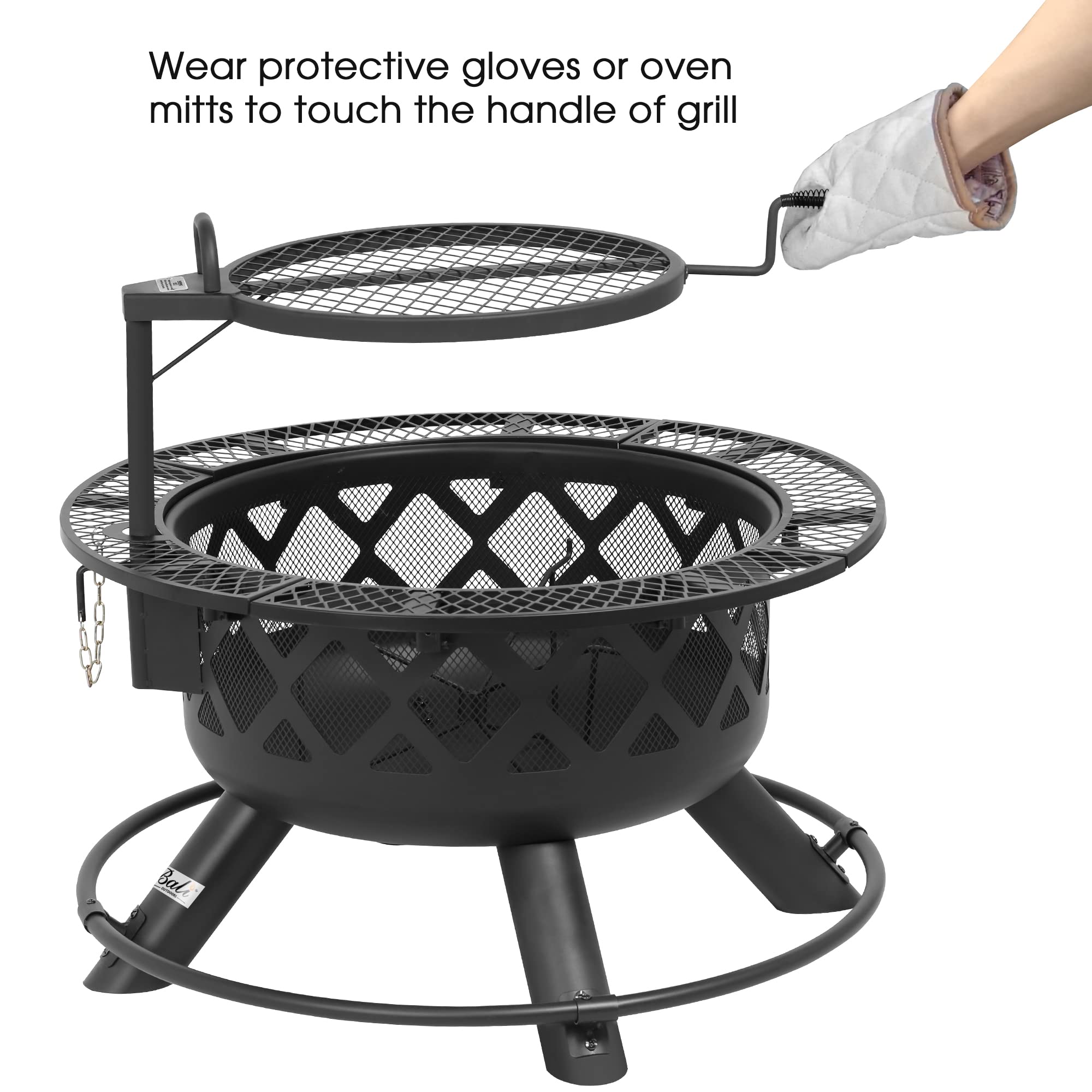 32 inch black outdoor wood fire pit with rotatable grill grate and mesh body.