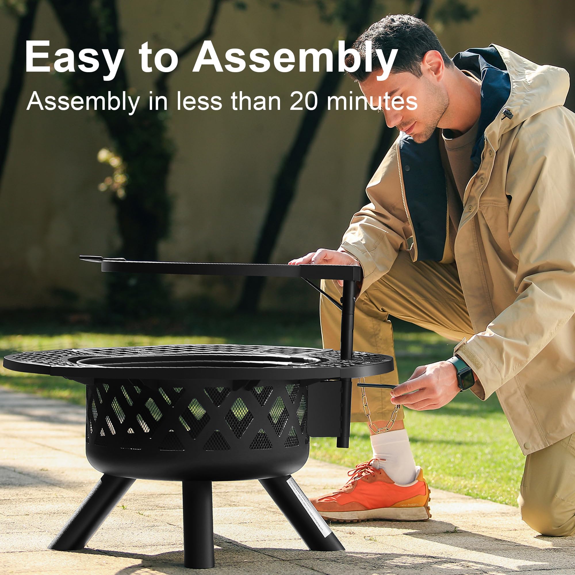 Man assembling a black 32-inch wood fire pit outdoors, text overlay reads 'Easy to Assemble'.