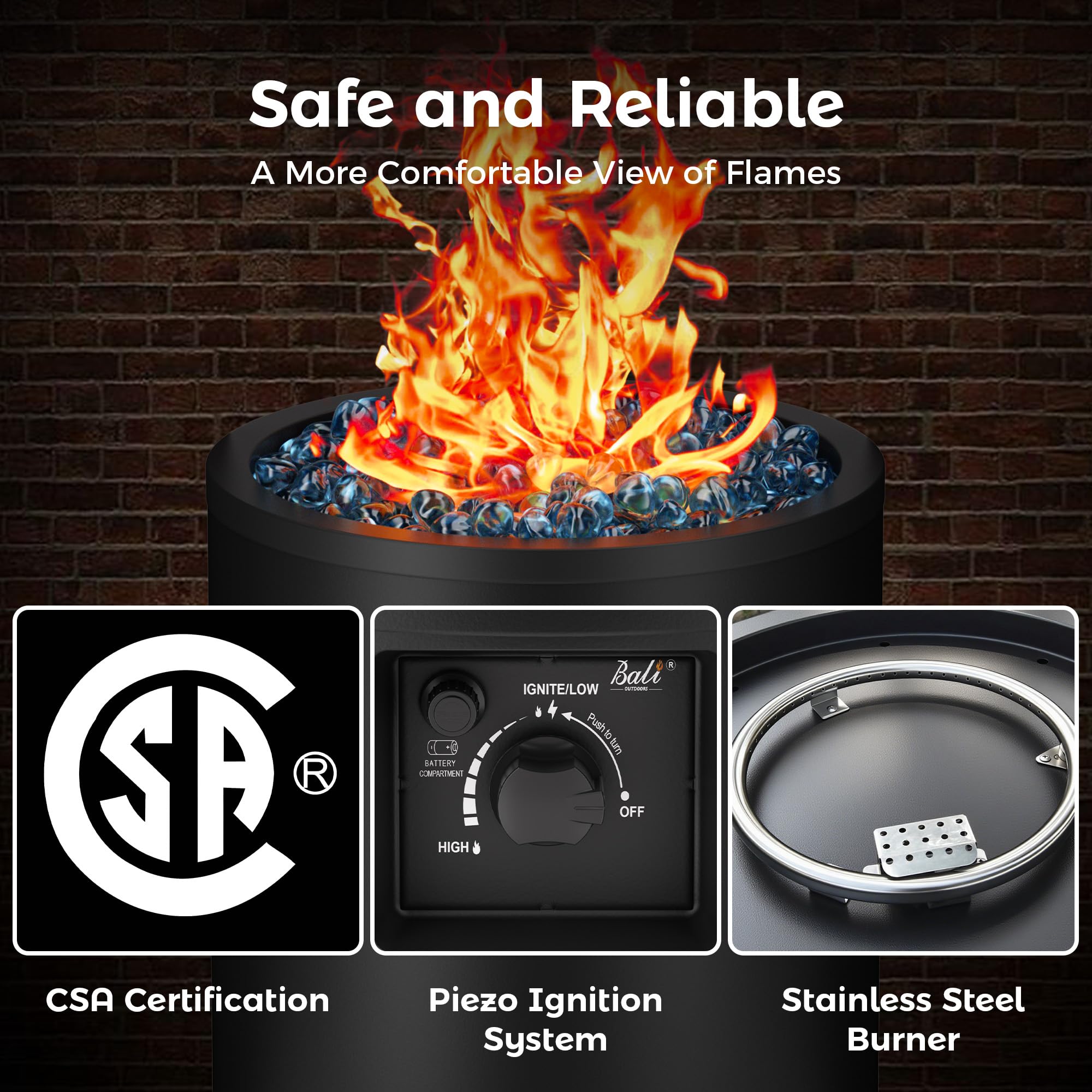 Black 23 inch propane fire pit with blue fire glass, CSA certified, featuring piezo ignition and stainless steel burner.