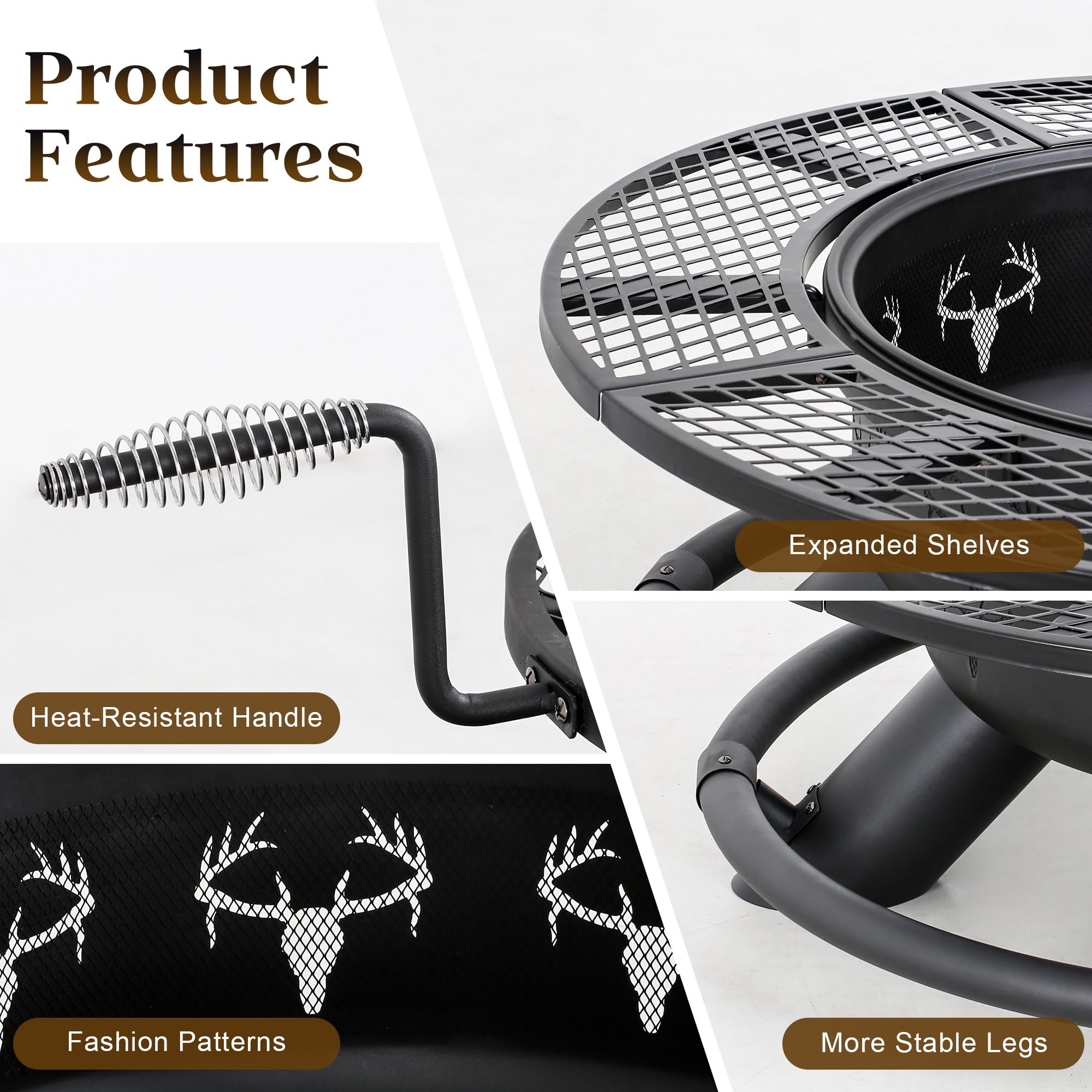 47 inch black wood fire pit features: heat-resistant handle, expanded shelves, deer head patterns, stable legs.