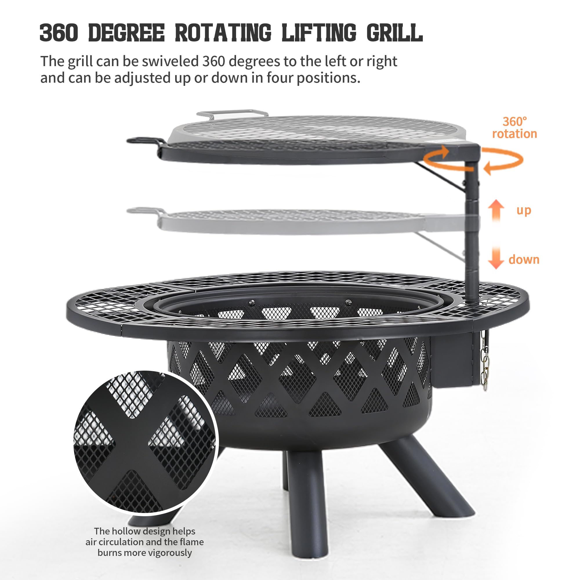 32-inch black wood fire pit with 360 rotating & lifting grill. Hollow design for better airflow.