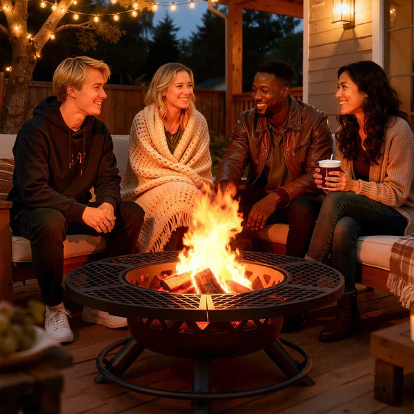 Four friends sitting around a burning fire pit on a wooden deck at night, enjoying conversation