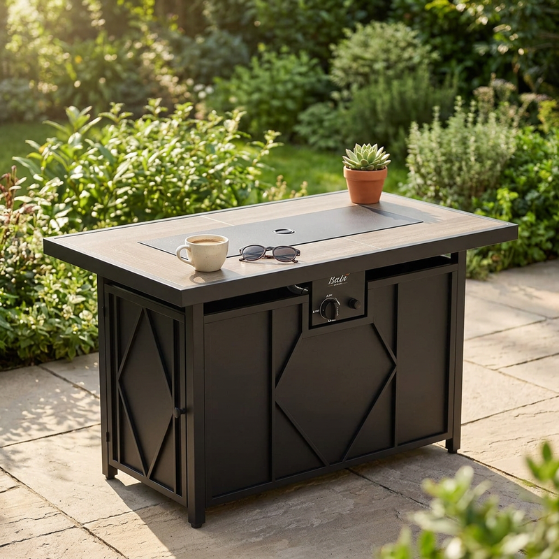 Rectangular outdoor gas fire pit table with wood-effect top and black metal base in a lush garden patio setting