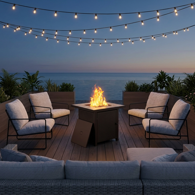 Propane fire pit table burning at dusk on a patio
