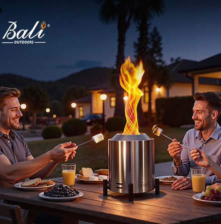 Three friends gather on a patio at night, roasting marshmallows over a Bali Outdoors tabletop fire pit with snacks
