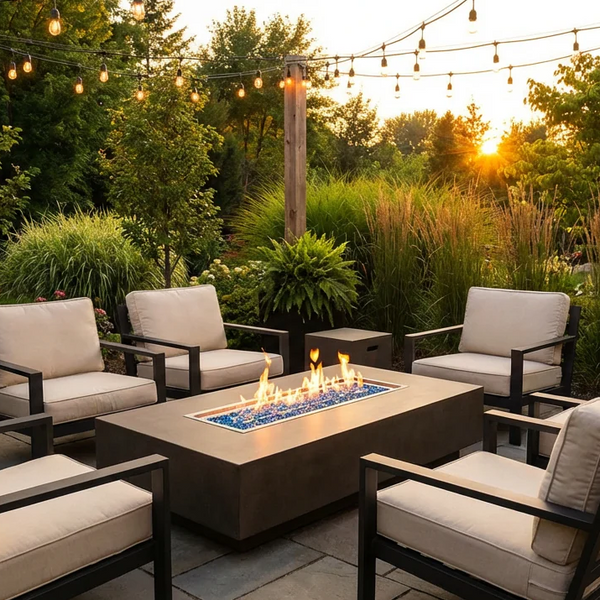 Backyard patio with a glowing fire pit surrounded by outdoor seating at dusk