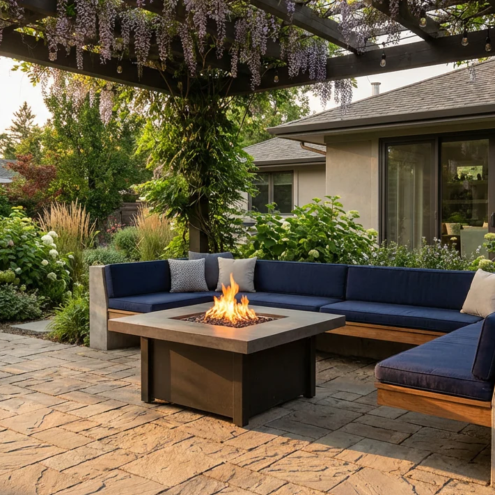 A cozy patio fire pit setup with comfortable seating arranged around a propane fire table on stone pavers