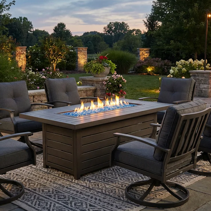 Outdoor patio with a rectangular propane fire pit table surrounded by deep-seating chairs on a summer evening