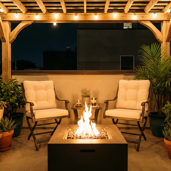 small propane fire pit glowing on a compact apartment patio at dusk with two chairs