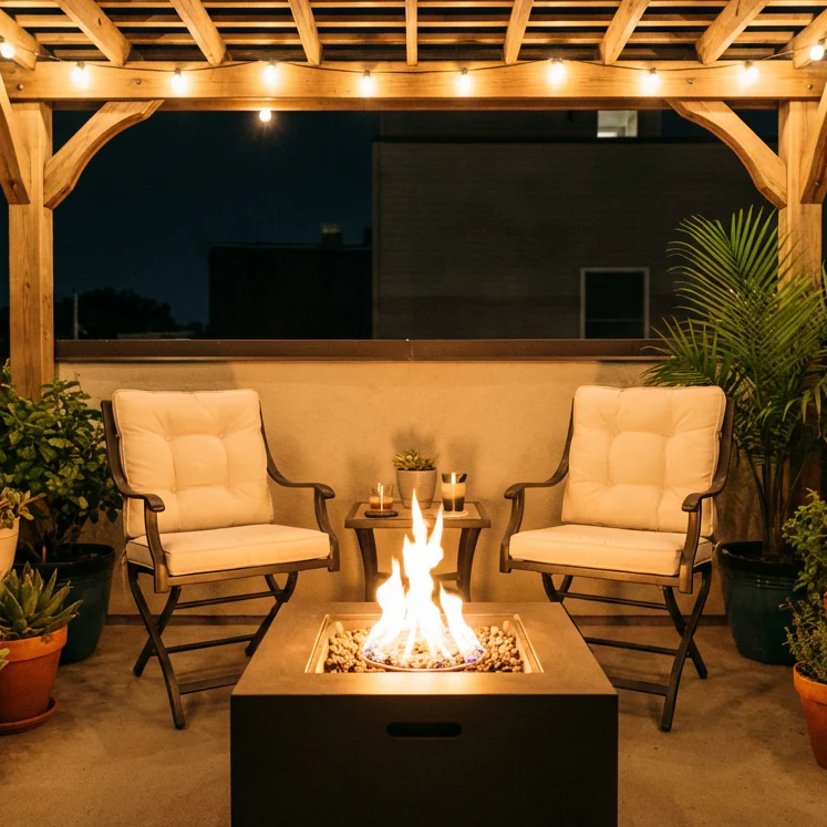 small propane fire pit glowing on a compact apartment patio at dusk with two chairs