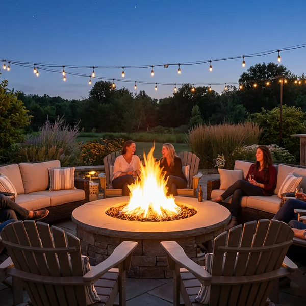 Comfortable outdoor seating arranged around a fire pit table on a patio at dusk