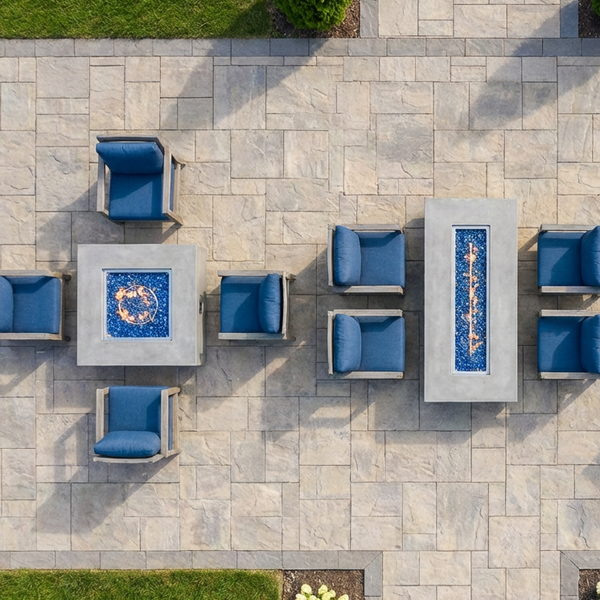 Three different fire pit table shapes, square, rectangular, and round, arranged on patios showing different seating layouts