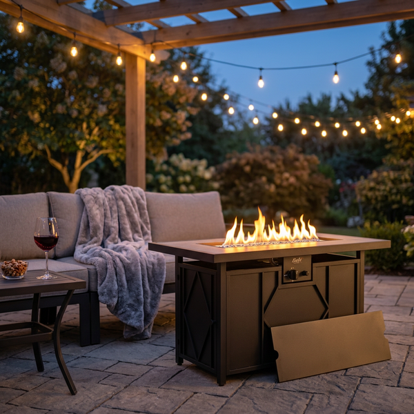 Rectangular gas fire pit table with lid on patio at twilight, featuring cozy seating, wine, and string lights