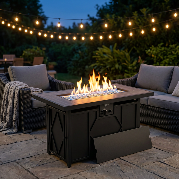 Bali Outdoors fire pit table displaying healthy flames with a blue base and yellow tips