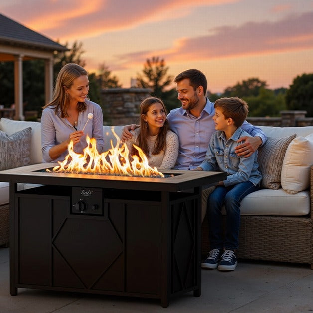 Bali Outdoors fire pit table with family roasting marshmallows