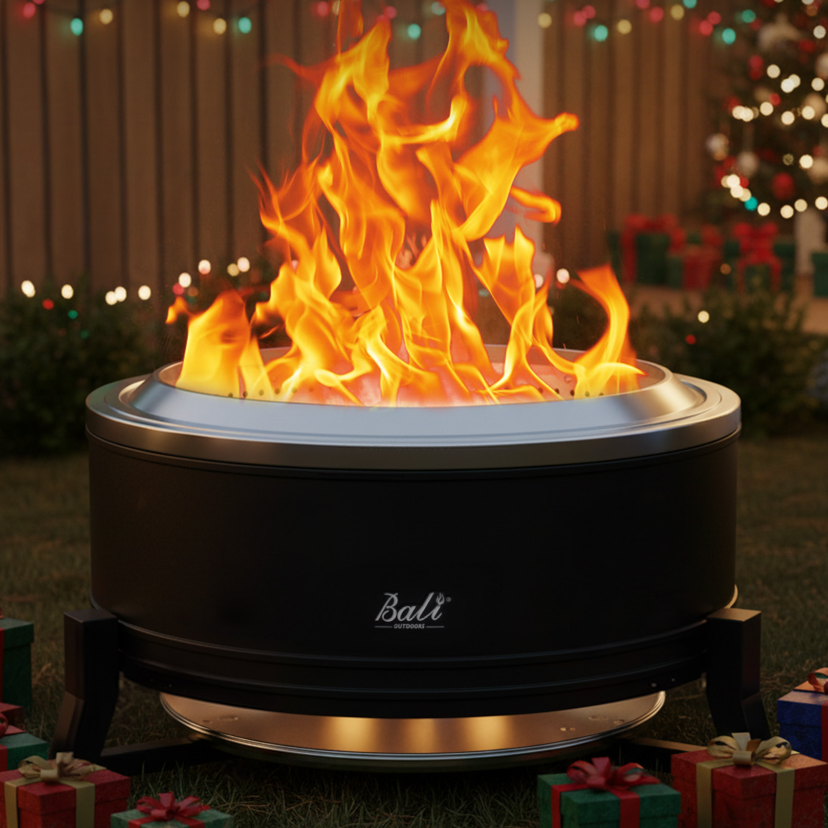 Bali Outdoors fire pit Christmas gift idea with presents and tree