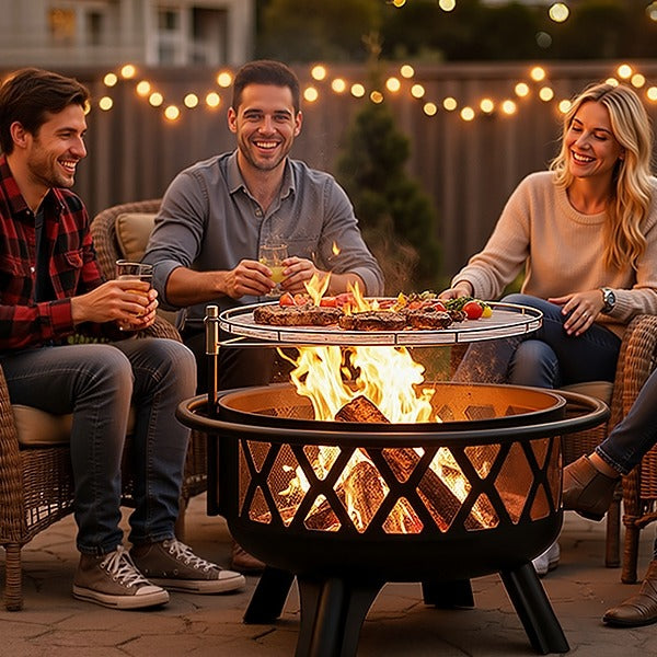 Friends gathered around a warm fire pit grilling food in backyard at night