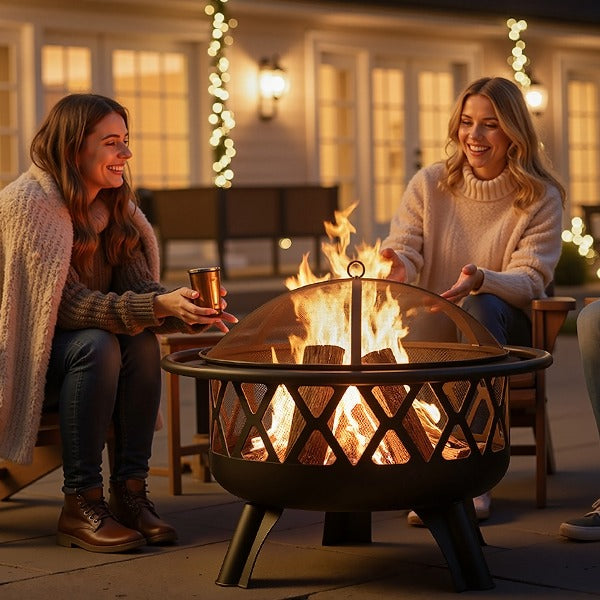 People enjoying cozy outdoor fire pit at night with string lights
