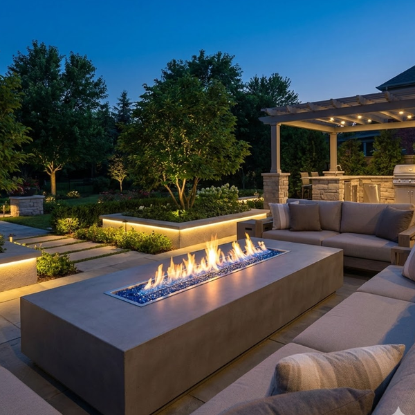 Modern outdoor living space with a fire pit table, blue glass, and comfortable seating