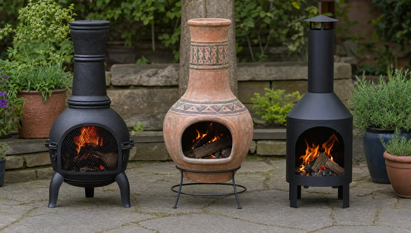 Three chimineas in different materials lined up on a stone patio for comparison