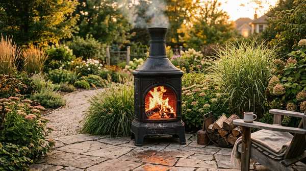 Black cast iron chiminea with roaring fire in a landscaped backyard