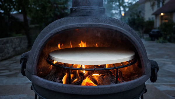 Wood fire burning inside a cast iron chiminea with a pizza stone resting on a grate above the coals