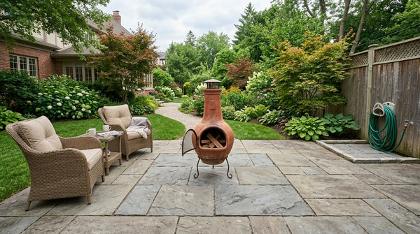 Chiminea properly set up on a fire-resistant pad with safe clearance from patio furniture