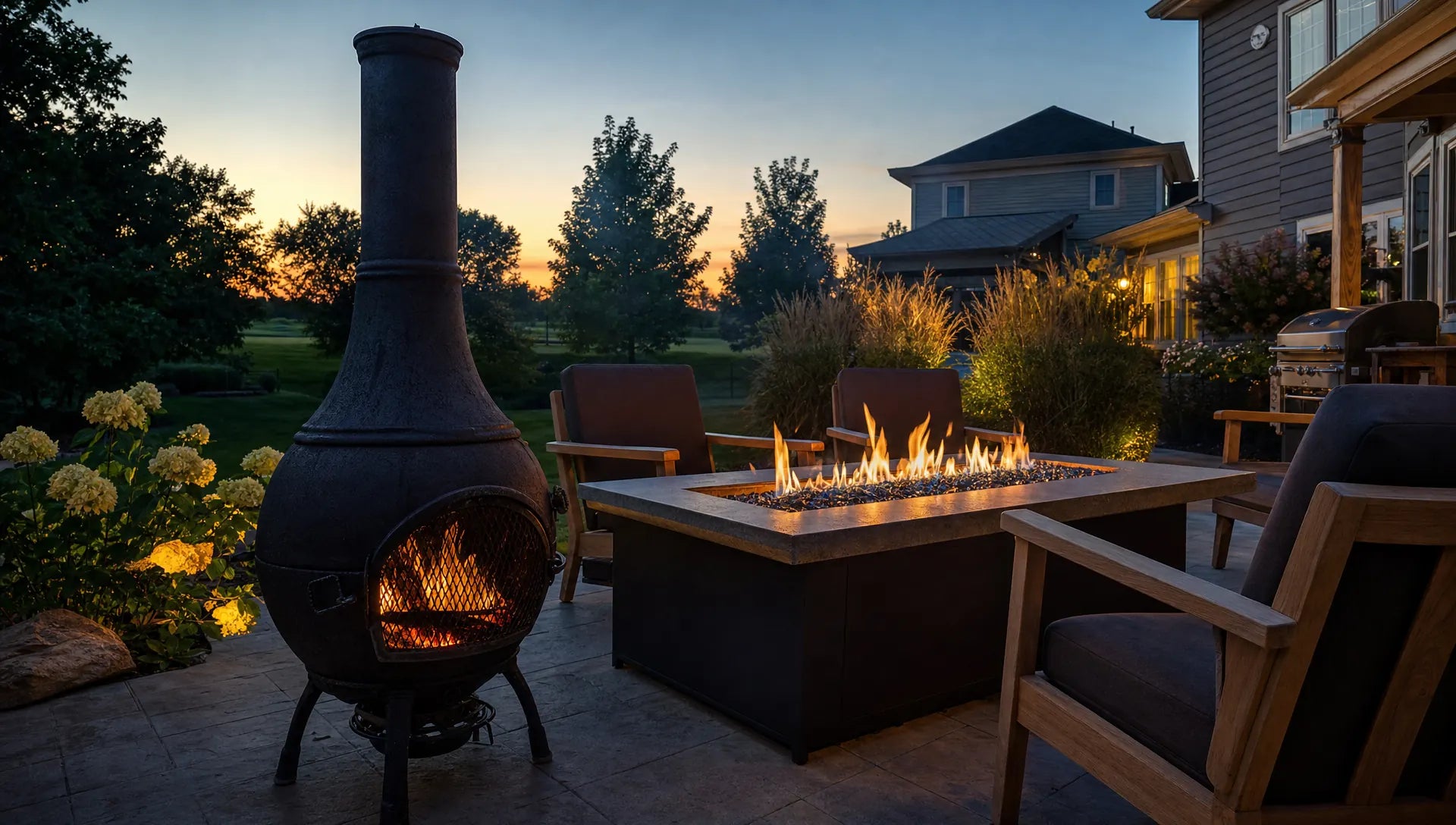 Cast iron chiminea on a stone patio next to a propane fire pit table at dusk