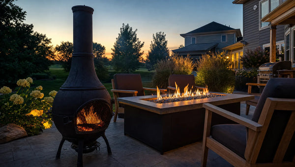 Cast iron chiminea on a stone patio next to a propane fire pit table at dusk