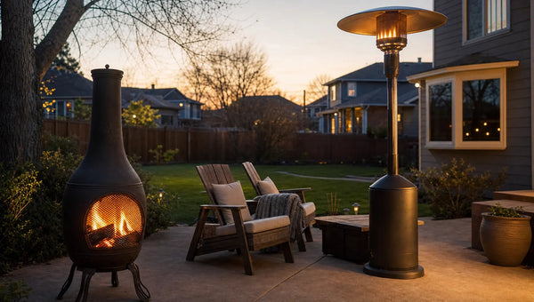 Cast iron chiminea and propane patio heater on a residential patio at dusk