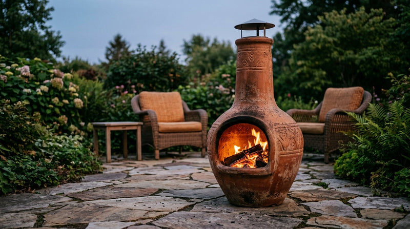 Traditional clay chiminea with fire on a stone patio at dusk