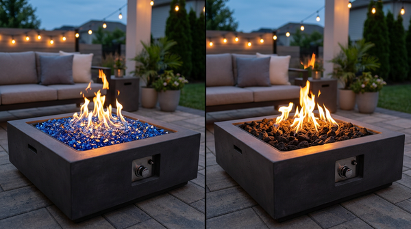 Fire pit with blue fire glass on left and natural lava rocks on right, both with active flames
