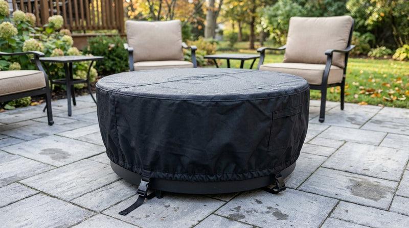 Fitted waterproof cover on a round propane fire pit table on a patio