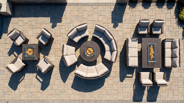 Three propane fire pit tables of different sizes