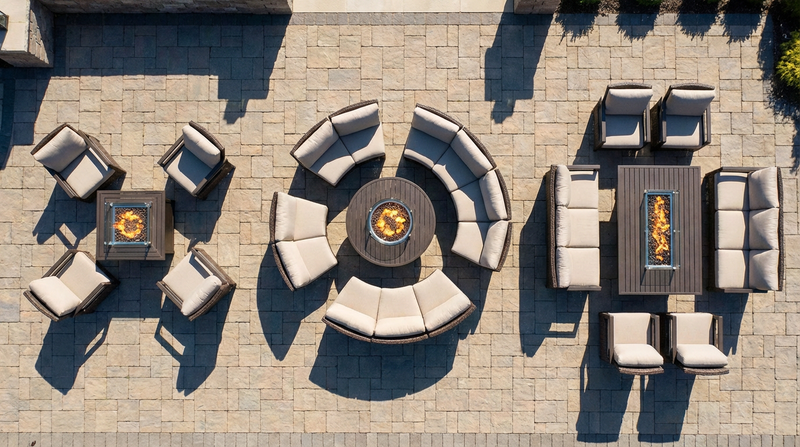 Three propane fire pit tables of different sizes