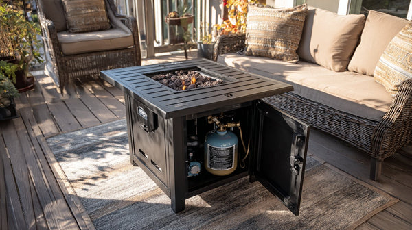 fire table built in tank storage door