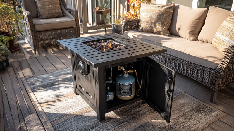 fire table built in tank storage door
