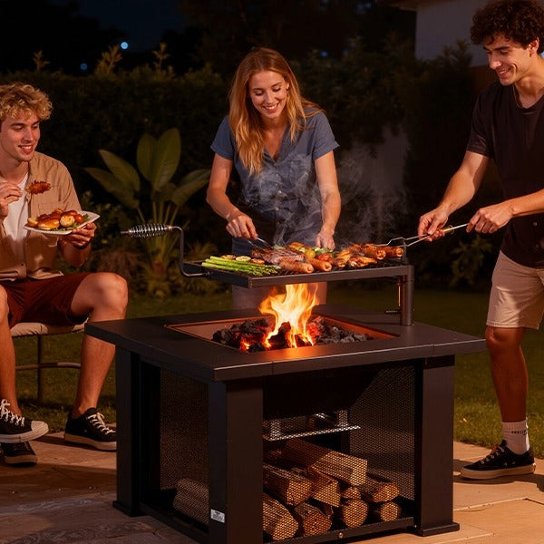 A group of young friends barbecuing and eating around a square metal fire pit in a backyard at night