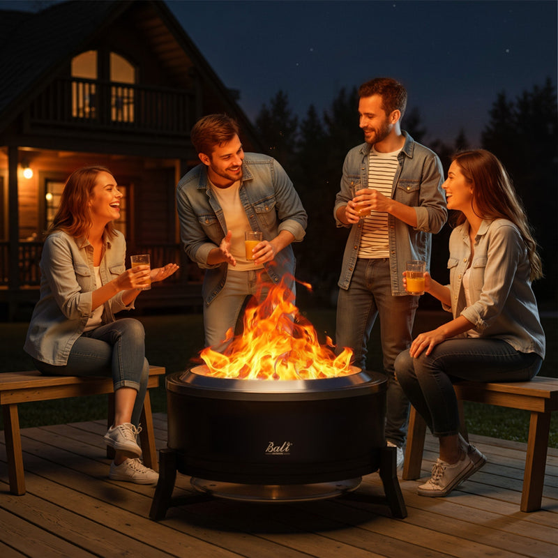 Friends gather around Bali Outdoors fire pit for evening drinks, cozy outdoor living