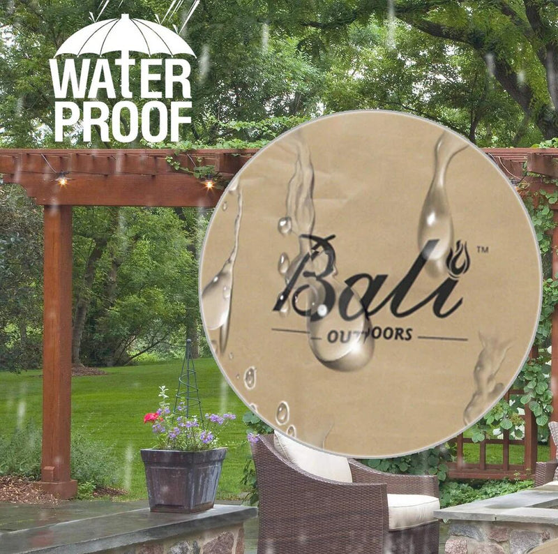 A close-up of water beading on a waterproof Bali Outdoors fire pit cover.