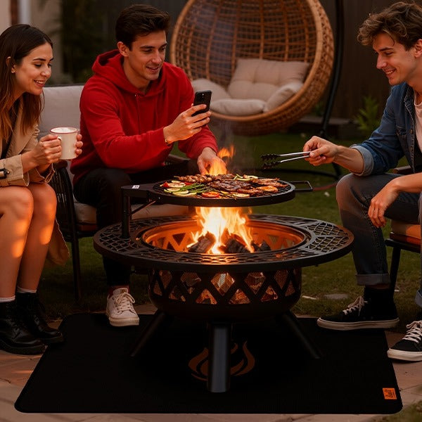 Three friends gather around a cozy wood-burning fire pit at night, grilling food and enjoying a social evening outdoors