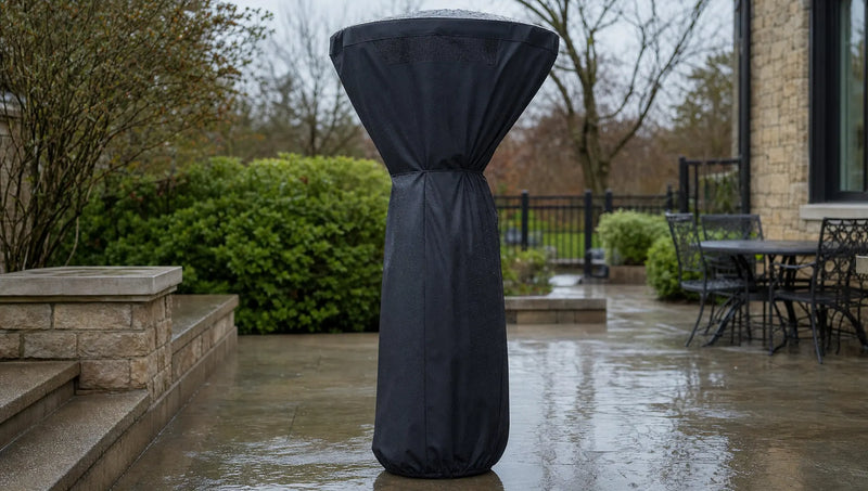 Black 600D polyester patio heater cover fitted over a tall propane mushroom heater on a stone patio