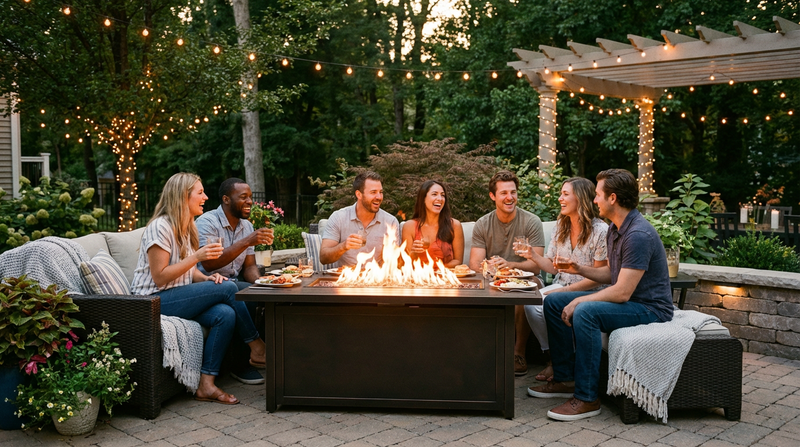 Propane fire pit table outdoor evening gathering