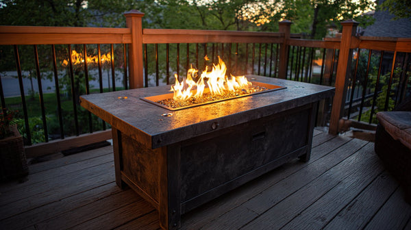 propane fire table wood deck setup