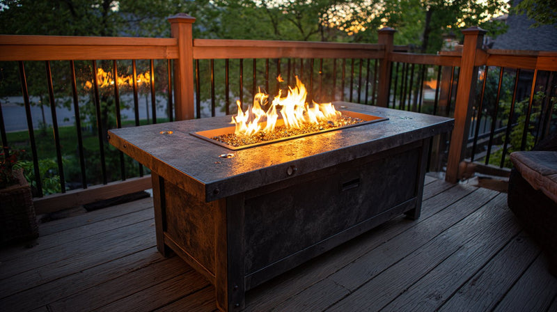 propane fire table wood deck setup