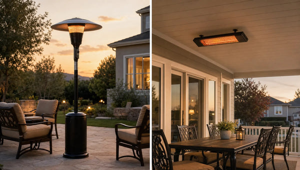 Propane standing patio heater on an open backyard patio next to electric infrared heater mounted on a covered porch wall