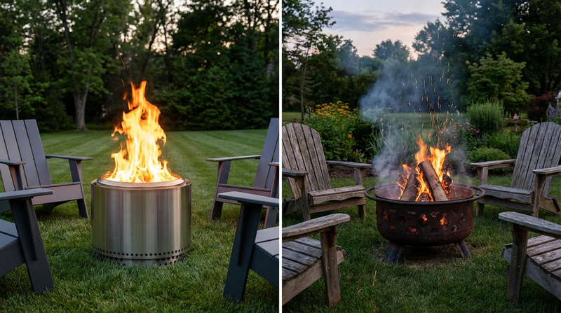 Smokeless fire pit and traditional fire pit side by side