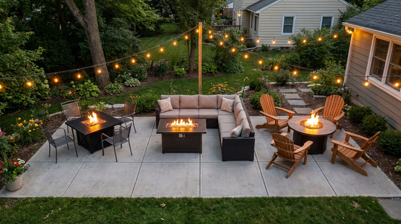 Three fire pit tables in square rectangular and round shapes on a patio