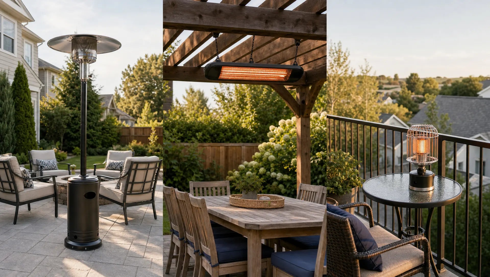 Three patio heaters side by side: standing mushroom propane heater, hanging infrared heater under pergola, and tabletop propane heater on bistro table