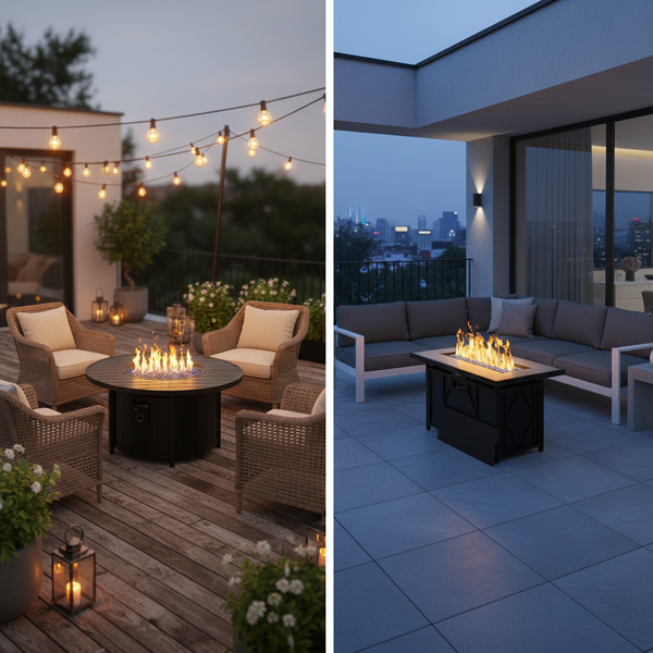 Split view comparing a cozy deck with a round fire pit and a modern balcony with a rectangular fire table